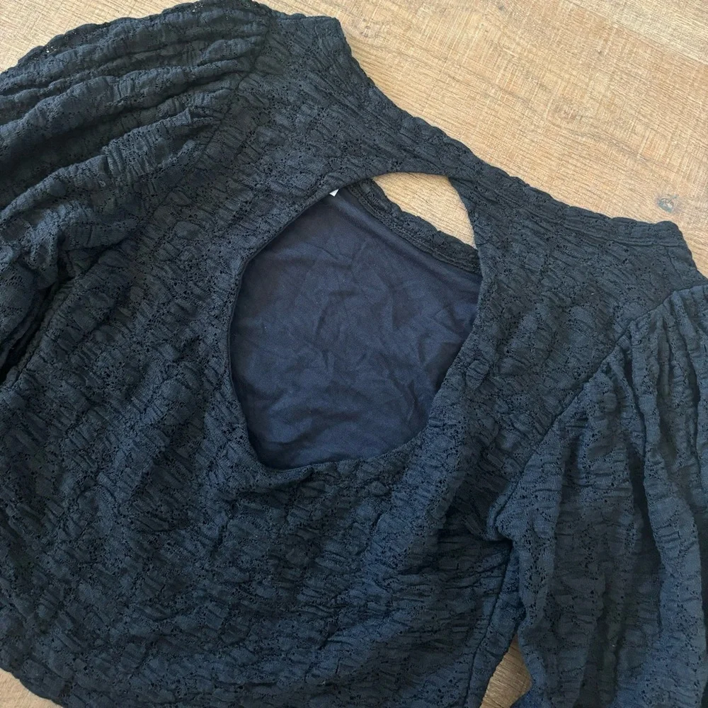 free people lace black open cutout back puff sleeve crop top